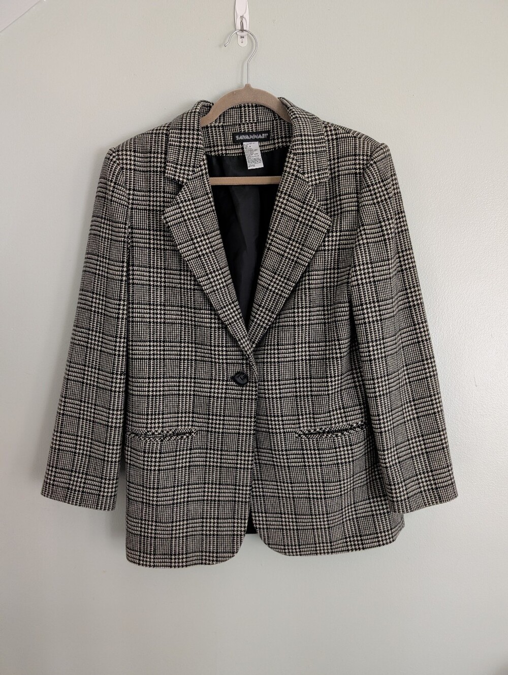 Vtg Savannah Women's Black and White Glen Plaid Single-Button Blazer Wool Sz 6